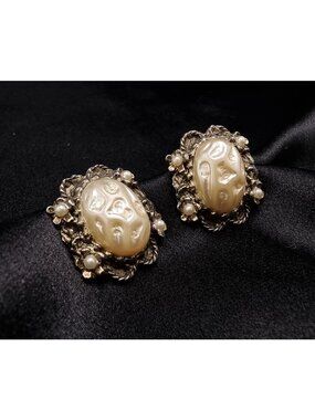 Vintage 1950's Clip-On Earrings With Faux Pearls & Ornate